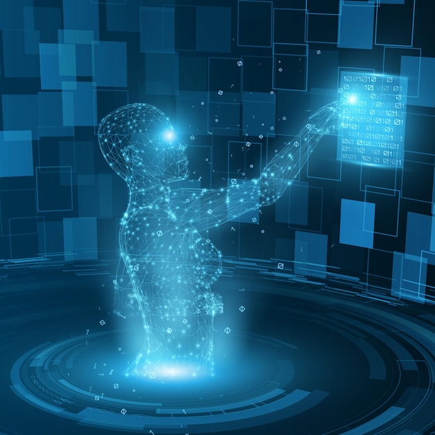 Personagem feminina abstrata de baixa poligonal em um espaço virtual Trabalhando com o fluxo de dados Conceito de vetor de inteligência artificial