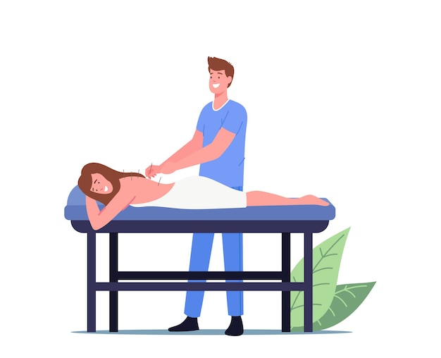 Personagem feminina, aplicando a terapia de acupuntura no salão spa. terapeuta injeta agulhas nas costas da mulher. forma de medicina chinesa alternativa com pontos de injeção no corpo. ilustração em vetor desenho animado