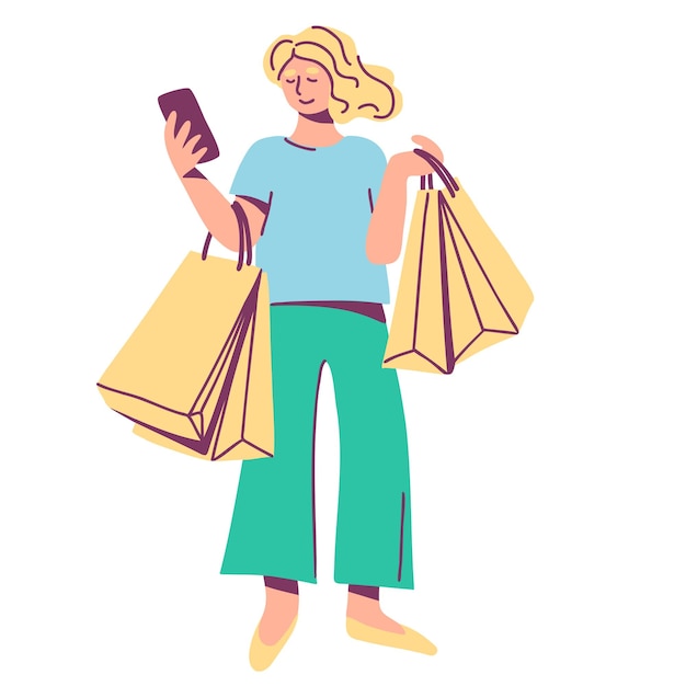 Vetor personagem feminina com sacolas de compras e celular estilo de vida urbano e compras on-line ilustração vetorial plana desenhada à mão