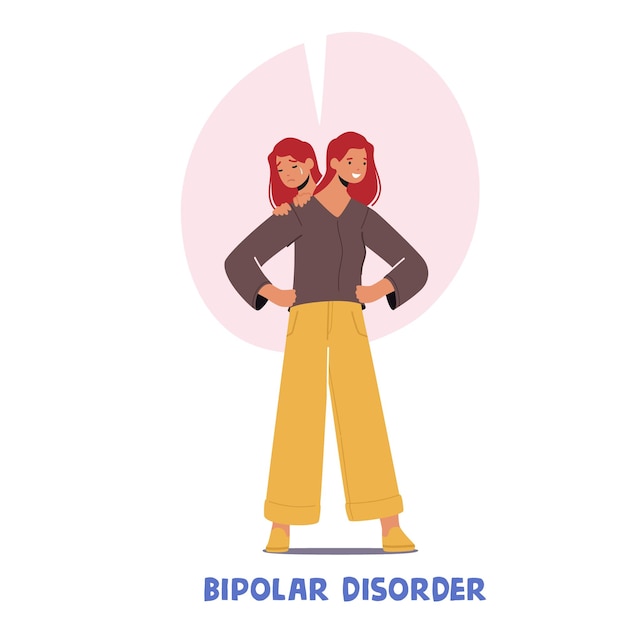 Personagem feminina com transtorno cerebral mental bipolar mulher com duas cabeças expressa emoções positivas e negativas
