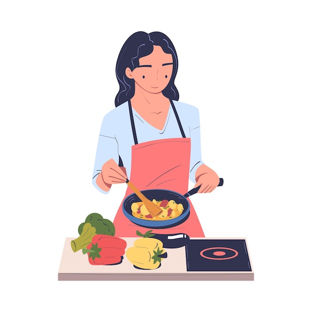 Personagem feminina cozinhando em casa de pé na mesa com frigideira e vegetais Ilustração vetorial