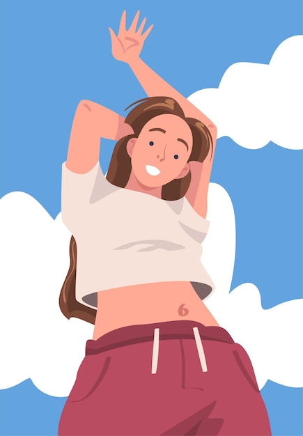 Personagem feminina de pé olhando de cima sorrindo amigável e acenando com a mão ilustração vetorial