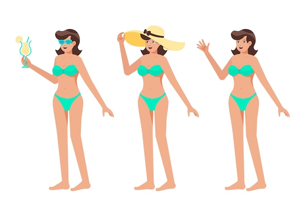 Personagem feminina de verão poses pacote ilustração vetorial de personagem