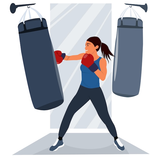 Vetor personagem feminina de vetor plano em luvas de boxe vermelhas posa pronta para lutar