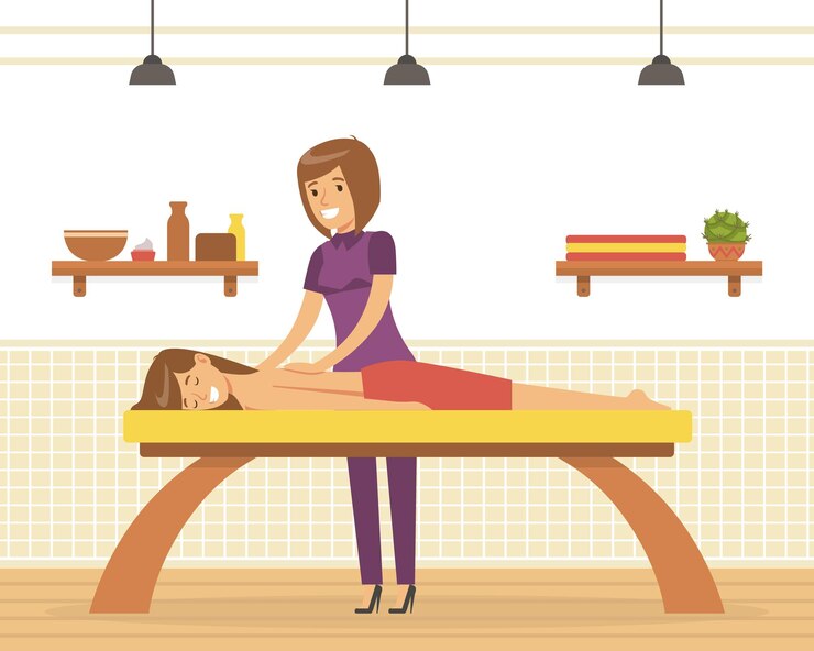 Vetor personagem feminina deitada e desfrutando de uma ilustração vetorial de massagem de spa