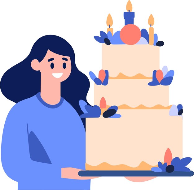 Personagem feminina desenhada à mão com bolo de aniversário em estilo simples isolado no fundo