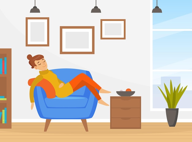Personagem feminina dormindo descansando em uma poltrona em uma ilustração vetorial diurna