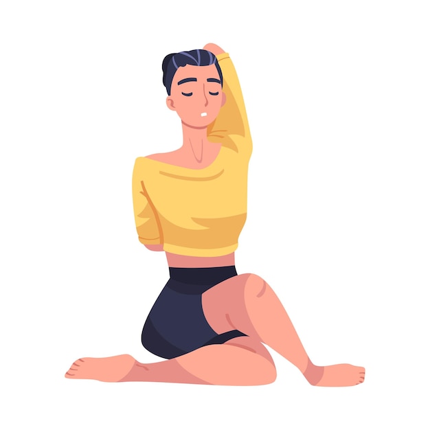 Personagem feminina fazendo meditação sentada na postura de lótus praticando a atenção plena Ilustração vetorial