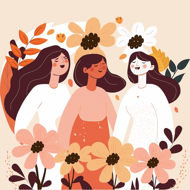 Personagem feminina feliz com flores coloridas em fundo bege