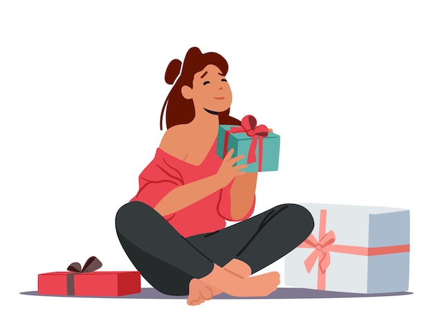 Vetor personagem feminina feliz receber presente mulher com caixas de presente embrulhadas sentar no chão evento festivo feriados celebração