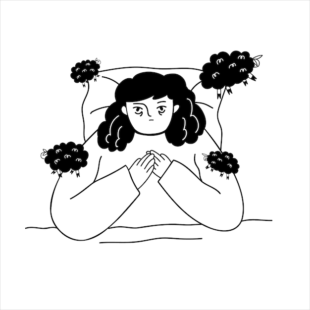 Personagem feminina fofa não consegue dormir uma mulher sofre de insônia e conta ovelhas ilustração vetorial no estilo de um doodle em um fundo branco isolado