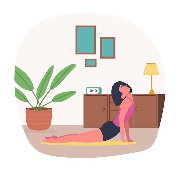 Personagem feminina jovem fazendo ioga Mulher ativa fazendo exercícios ou exercícios matinais Praticando atividades esportivas em casa