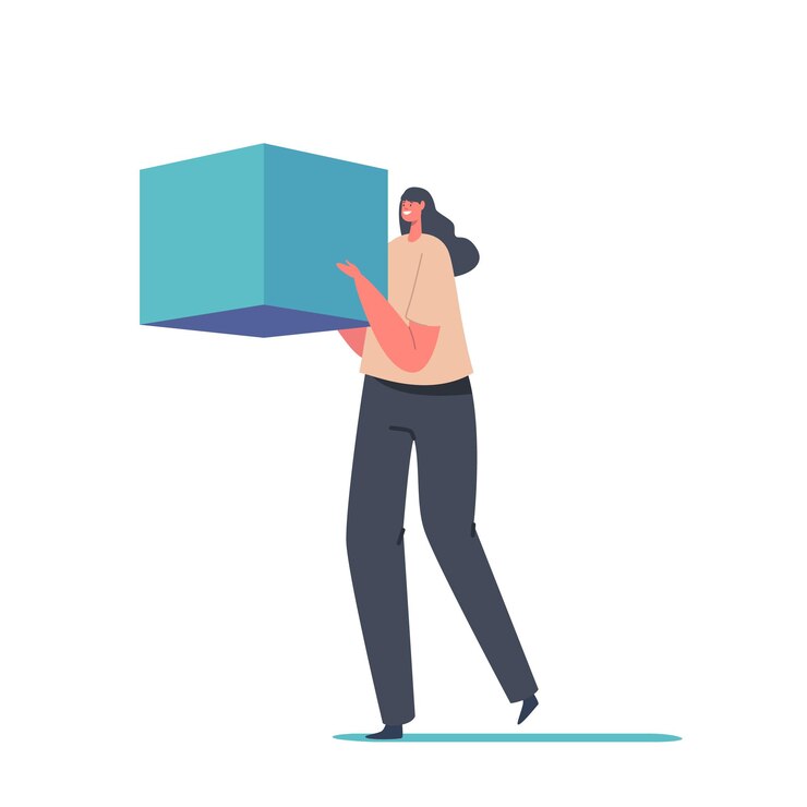 Vetor personagem feminina minúscula carregar cubo ou bloco enorme isolado no fundo branco mulher com elemento cúbico ou bloco de construção