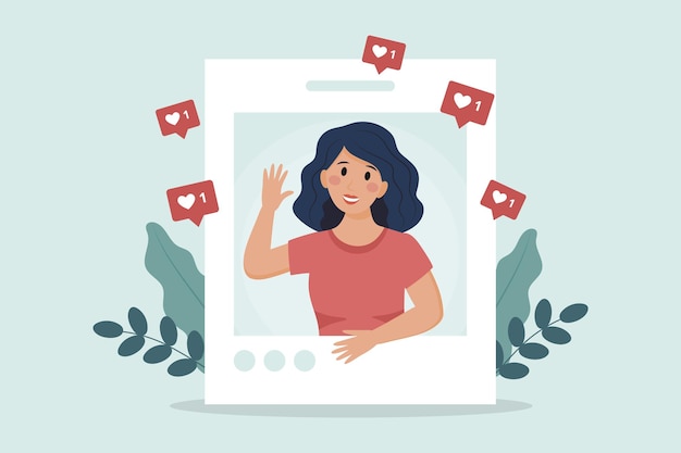 Personagem feminina olhando para fora do cartão de fotos da mídia social da Internet