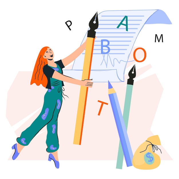 Personagem feminina redatora profissional escrevendo artigo ilustração vetorial de desenho animado plana isolada