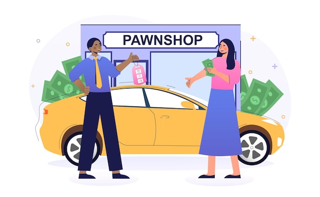 Vetor personagem feminina vendendo seu carro em uma loja de penhores conceito de loja depenhores empréstimo de garantia em dinheiro rápido para