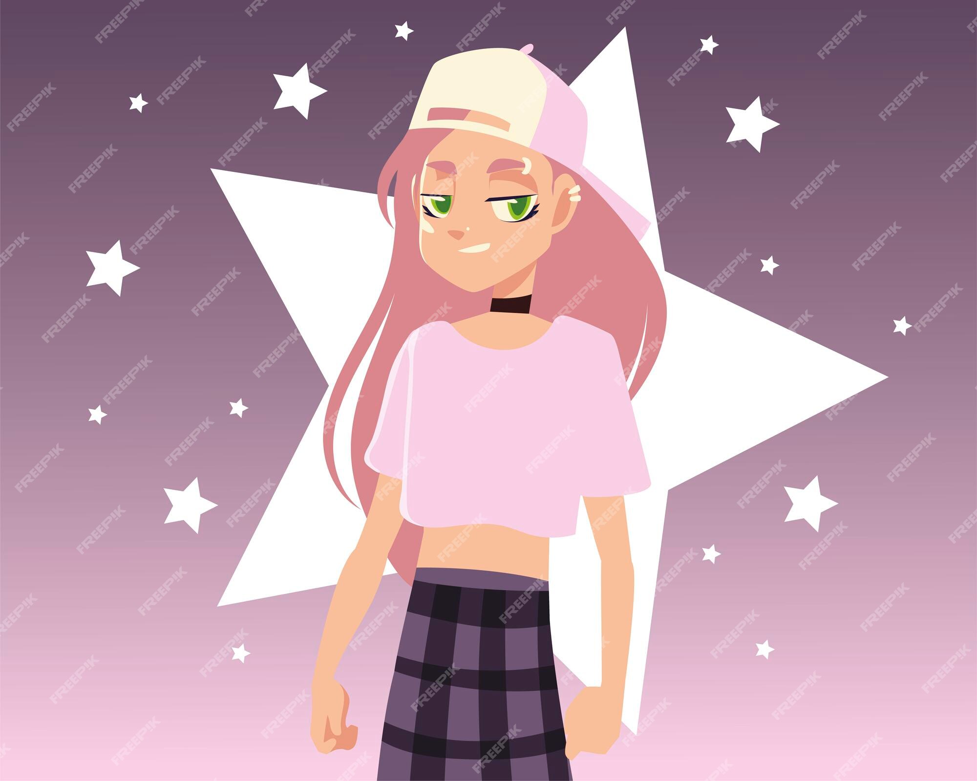 Personagem feminina vestindo roupas da moda, cultura jovem, estrelas,  ilustração de fundo