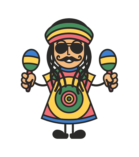 Personagem fofa de dreadlocks usando óculos com gorro descuidado maracas e fantasia de reggae