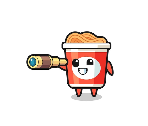 Personagem fofa de macarrão instantâneo segurando um telescópio antigo, design de estilo fofo para camiseta, adesivo, elemento de logotipo