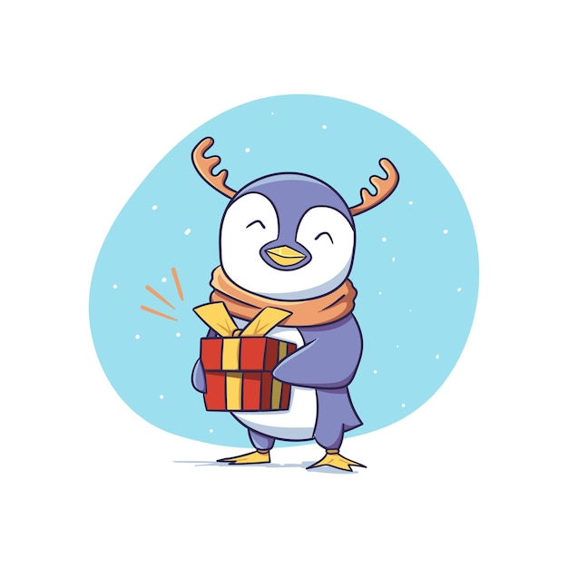 Personagem fofa de pinguim de inverno com chifres de rena segurando a ilustração de um adesivo de caixa de presente