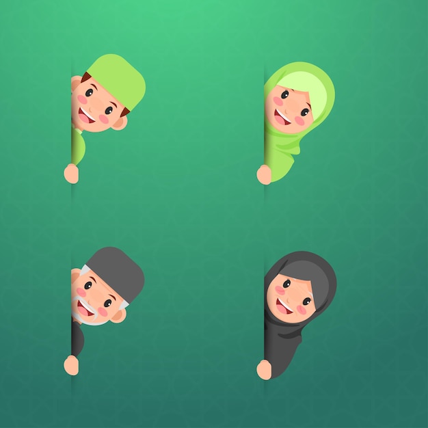 Personagem fofa garoto muçulmano e velho peek bem-vindo ao Ramadã