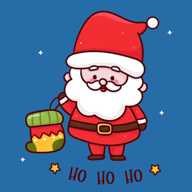 personagem fofo de papai noel e meia de natal kawaii