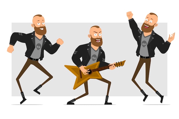 Vetor personagem forte plana engraçado dos desenhos animados barbudo homem punk com moicano na jaqueta de couro. menino pulando, dançando e tocando rock na guitarra.