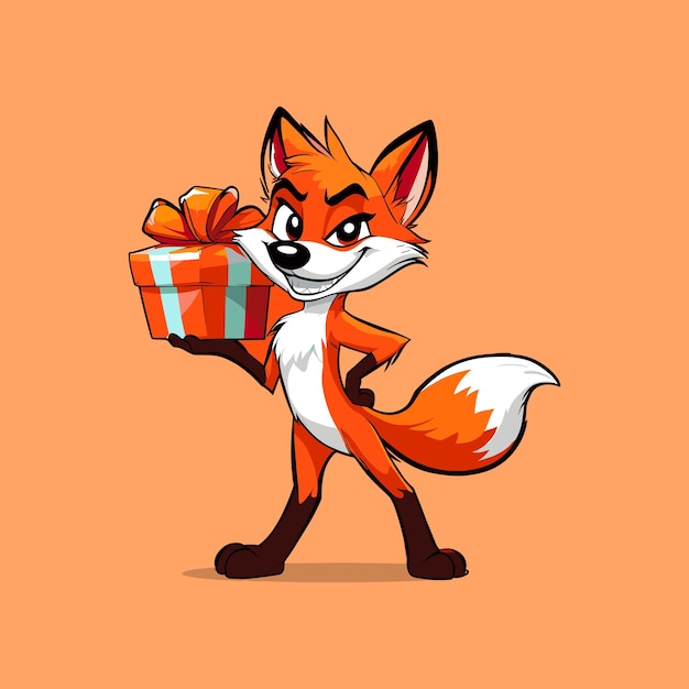 Personagem fox bonito com um desenho animado de vetor de presente