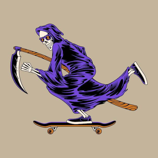 Personagem grim reaper andando de skate