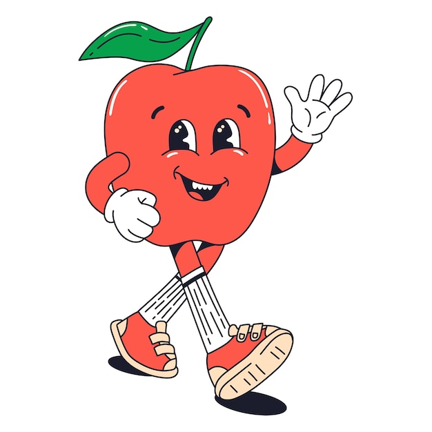 Personagem groovy isolado andando com maçã vermelha em luvas em estilo de desenho animado clássico retrô plano dos anos 60
