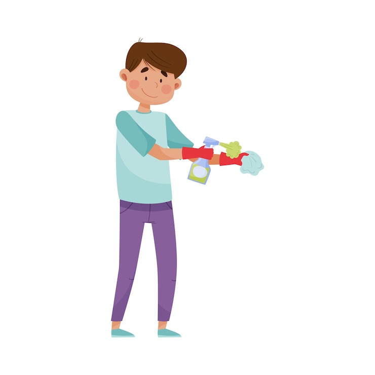 Vetor personagem homem usando detergente para manter superfícies e objetos limpos ilustração vetorial