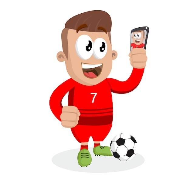 Personagem Homens Futebol vermelho com o número 7 Logo mascote com pose de selfie