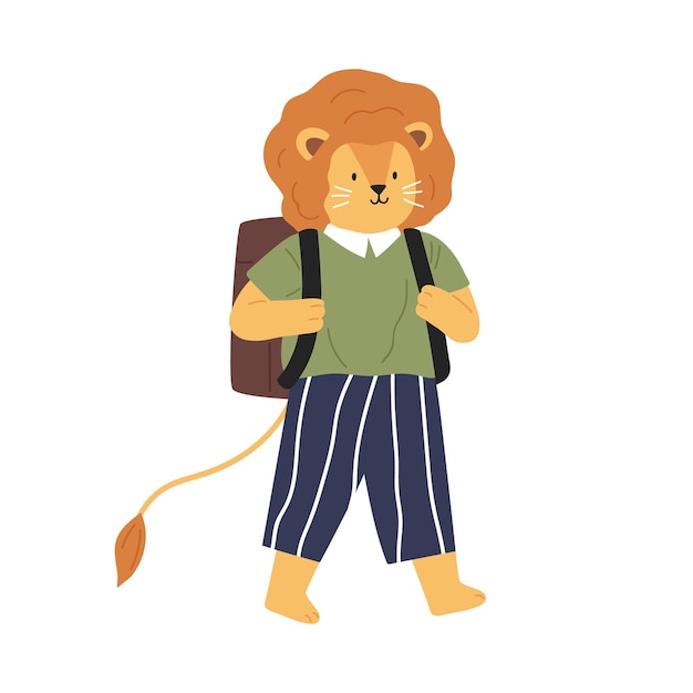 Personagem infantil animalesco ou filhote de leão indo para a escola. aluno de leoa inteligente em roupas carrega mochila. ilustração em vetor plana dos desenhos animados de estudante animal fofo isolado no branco.