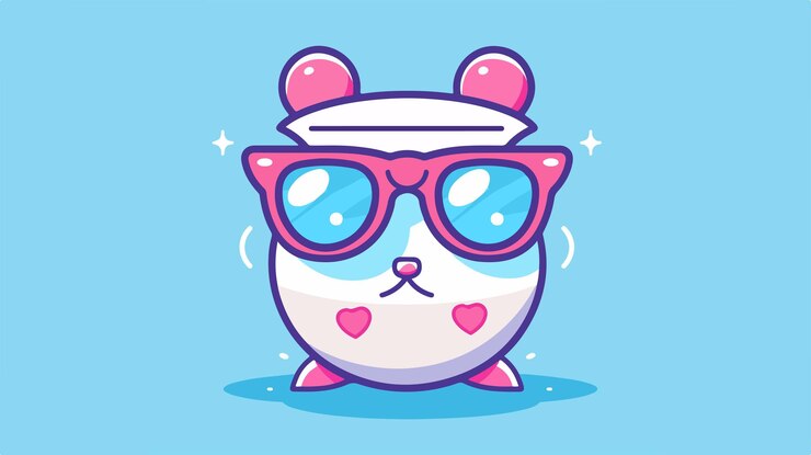Vetor personagem kawaii usando óculos de sol com conceito de tempo de relógio de areia em design de vetor plano