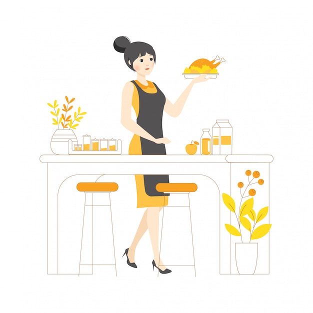 Vetor personagem linear mulher menina conceito ilustração cozinha cozinha mesa comida