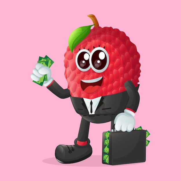 Personagem lychee segurando uma maleta cheia de dinheiro perfeito para crianças mercadoria e adesivo