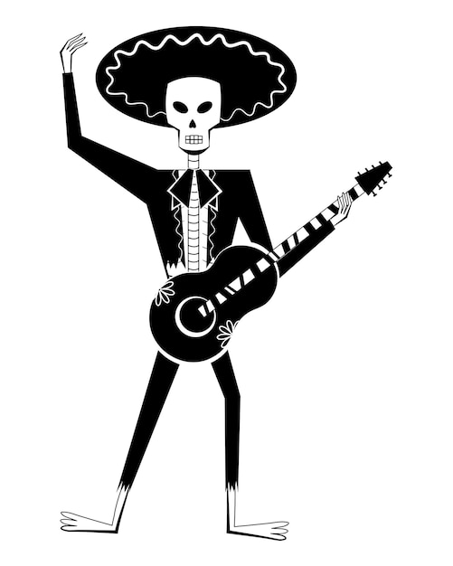 Personagem mariachi esqueleto do Dia dos Mortos com sombrero e violão