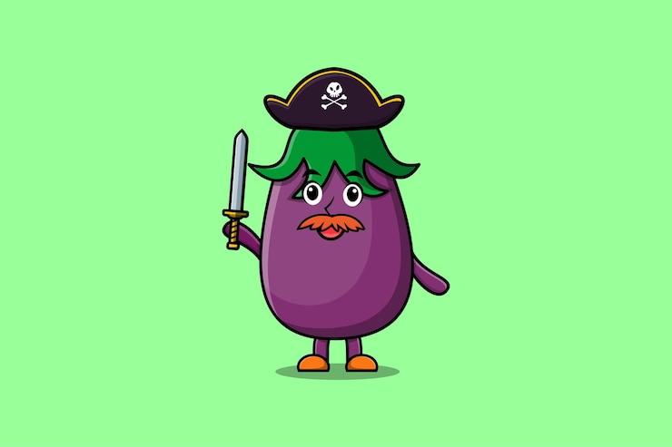 Vetor personagem mascote bonito dos desenhos animados berinjela pirata com chapéu e segurando a espada em design moderno