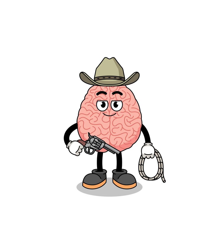 Vetor personagem mascote do cérebro como um design de personagem de cowboy