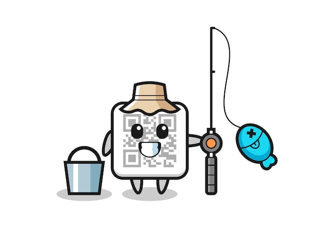 Personagem mascote do código qr como pescador, design bonito