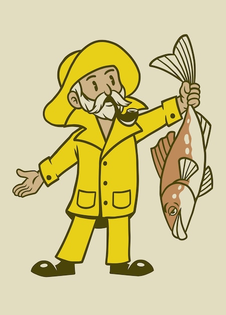 Personagem mascote do pescador em estilo vintage retrô