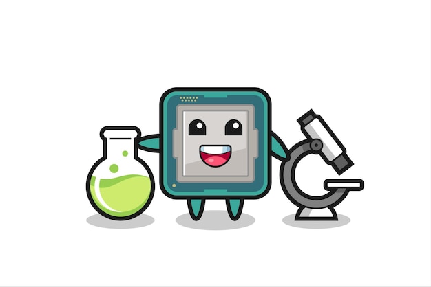 Personagem mascote do processador como cientista, design de estilo bonito para camiseta, adesivo, elemento de logotipo
