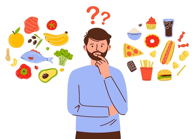Personagem masculina escolhe entre comida saudável e não saudável Comparando fast food e menus balanceados