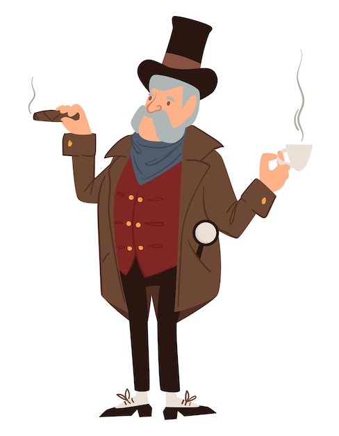 Personagem masculina fumando charuto e bebendo café quente. máfia ou gangster do passado. chefe detetive ou inspetor pensando no caso. personagem vintage e antiquado, vetor em estilo simples