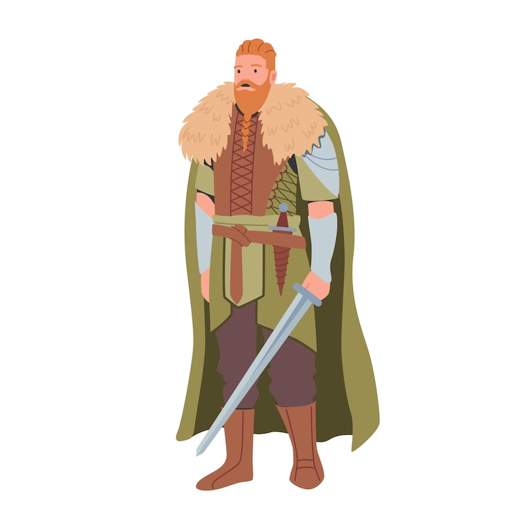 Vetor personagem masculina viking com barba de gengibre trançada vestindo pele, botas e capa, segure a espada de armadura isolada no fundo branco, guerreiro escandinavo, soldado bárbaro. ilustração em vetor desenho animado