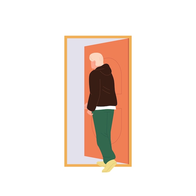 Personagem masculino adolescente em roupas esportivas entrando na ilustração vetorial de porta aberta isolada em branco