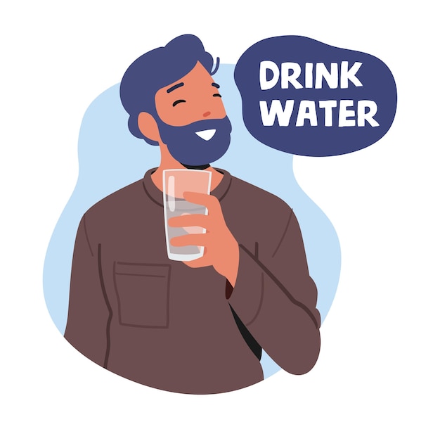 Personagem masculino bebe água feliz homem em forma desfrutando de bebida refrescante Pure Aqua em vidro Aumento da imunidade para cuidados com a saúde