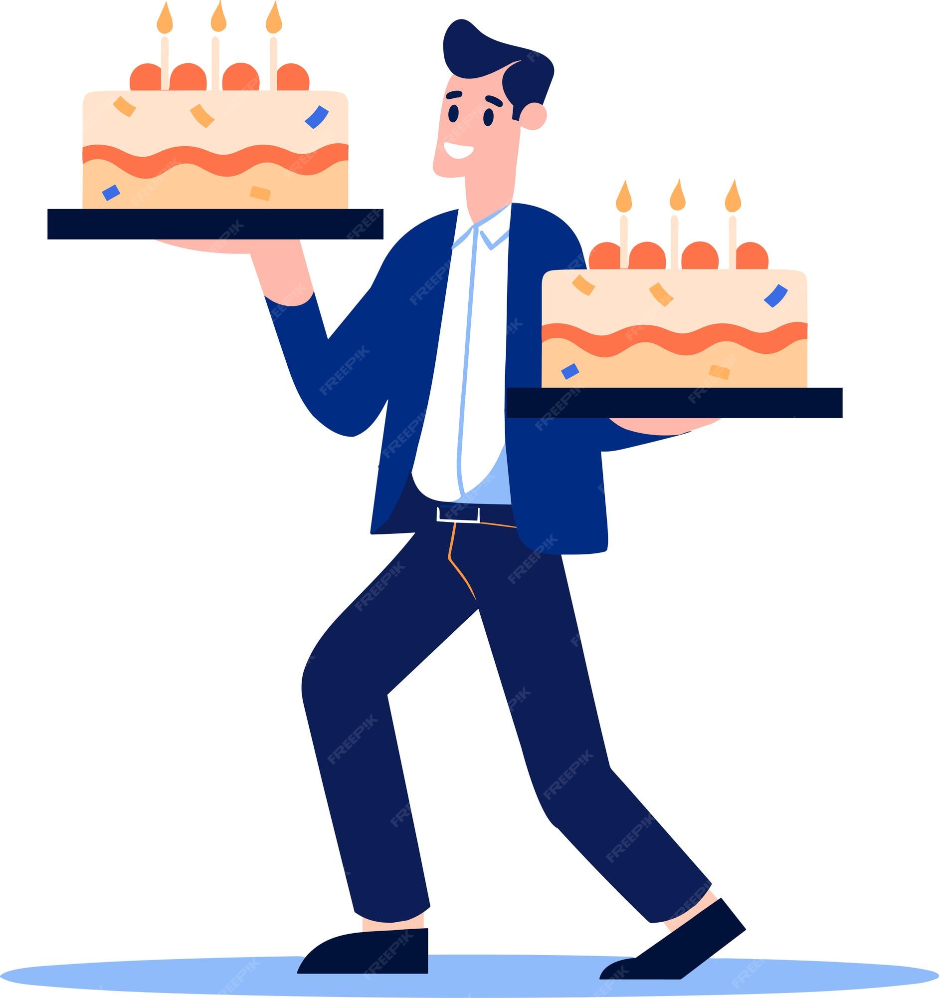 Personagem masculino desenhado à mão com bolo de aniversário em estilo  simples isolado no fundo