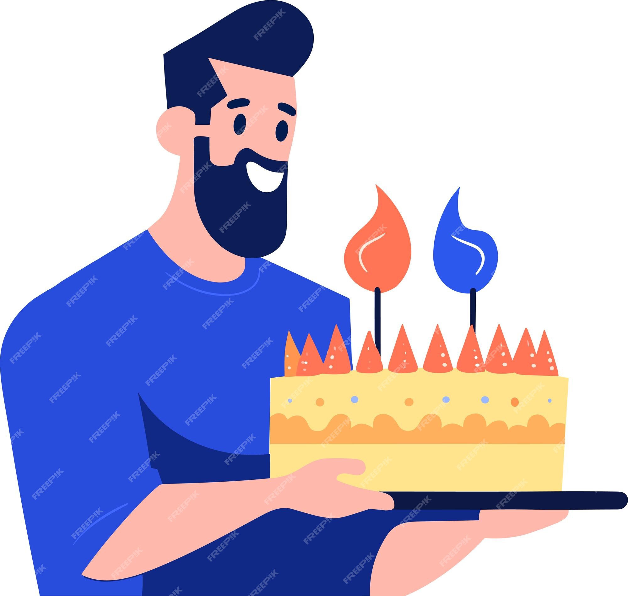 Personagem masculino desenhado à mão com bolo de aniversário em estilo  simples isolado no fundo