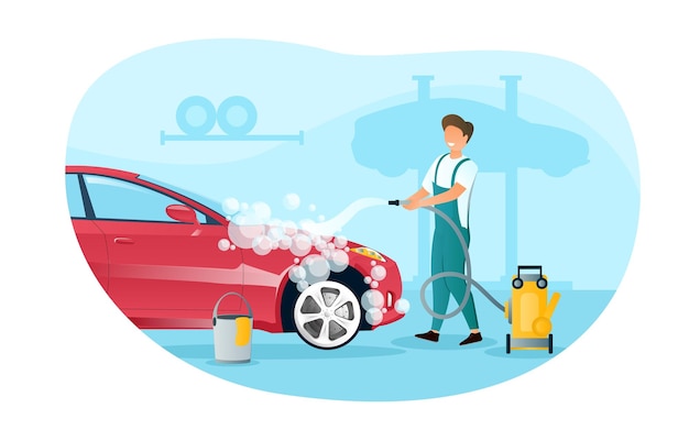Personagem masculino em geral está lavando um carro na garagem homem sorridente está limpando um veículo de poeira